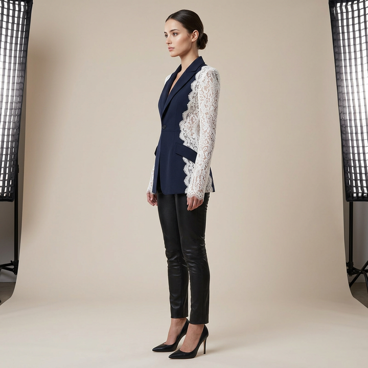 Color Block Lace Patchwork One Button Tailored Blazer for Meetings Ready and Modern Executive Style Women-Vyana Collective
