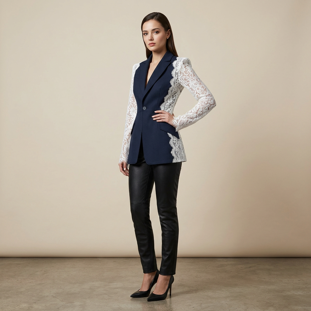 Color Block Lace Patchwork One Button Tailored Blazer for Meetings Ready and Modern Executive Style Women-Vyana Collective