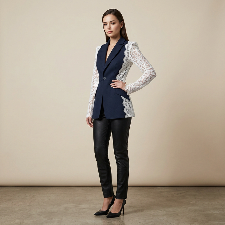 Color Block Lace Patchwork One Button Tailored Blazer for Meetings Ready and Modern Executive Style Women-Vyana Collective