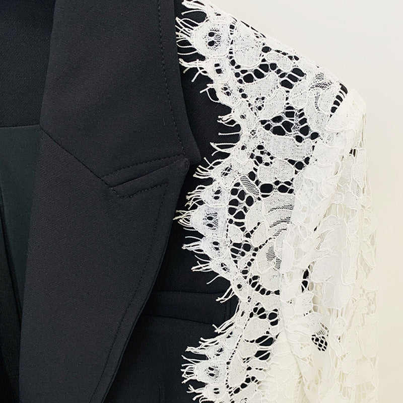 Color Block Lace Patchwork One Button Tailored Blazer for Meetings Ready and Modern Executive Style Women-Vyana Collective