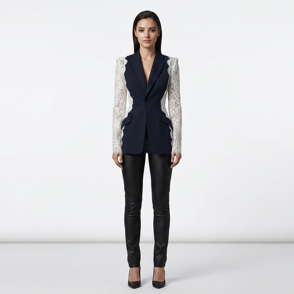 Color Block Lace Patchwork One Button Tailored Blazer for Meetings Ready and Modern Executive Style Women-Vyana Collective