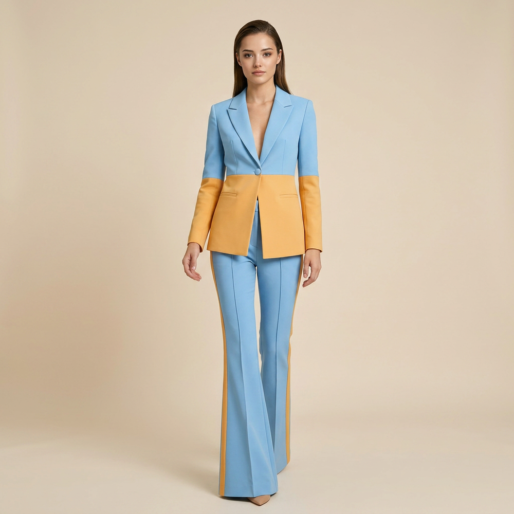 Color Block One-Button Blazer and Flared Pants Set for Meetings Ready Women-Vyana Collective