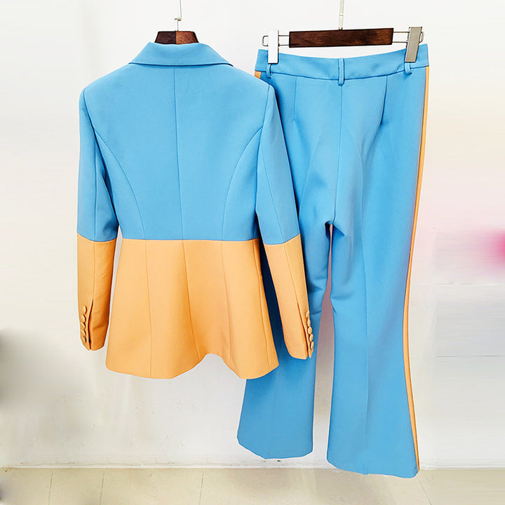 Color Block One-Button Blazer and Flared Pants Set for Meetings Ready Women-Vyana Collective