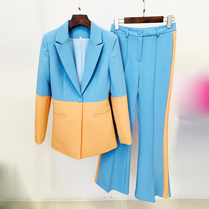 Color Block One-Button Blazer and Flared Pants Set for Meetings Ready Women-Vyana Collective