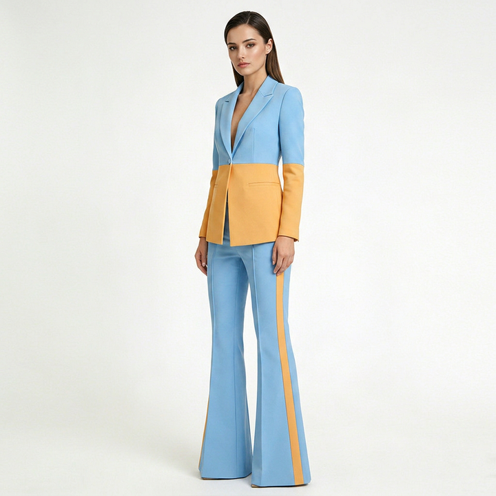 Color Block One-Button Blazer and Flared Pants Set for Meetings Ready Women-Vyana Collective