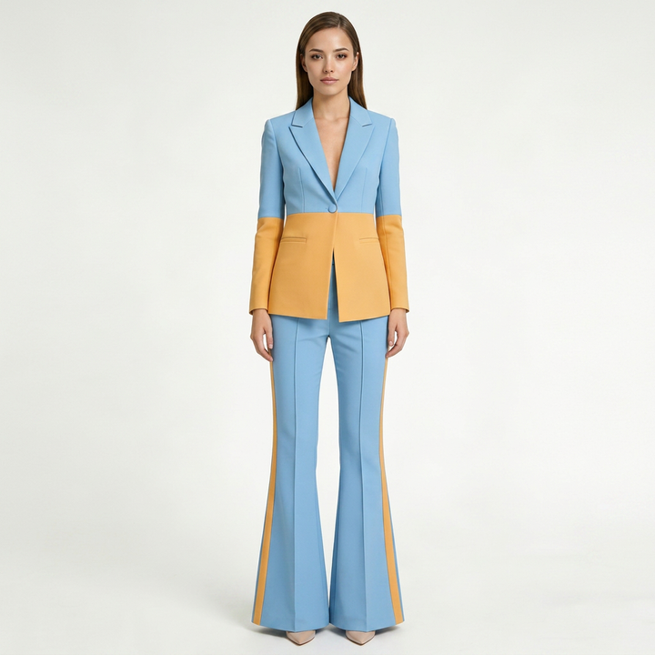 Color Block One-Button Blazer and Flared Pants Set for Meetings Ready Women-Vyana Collective