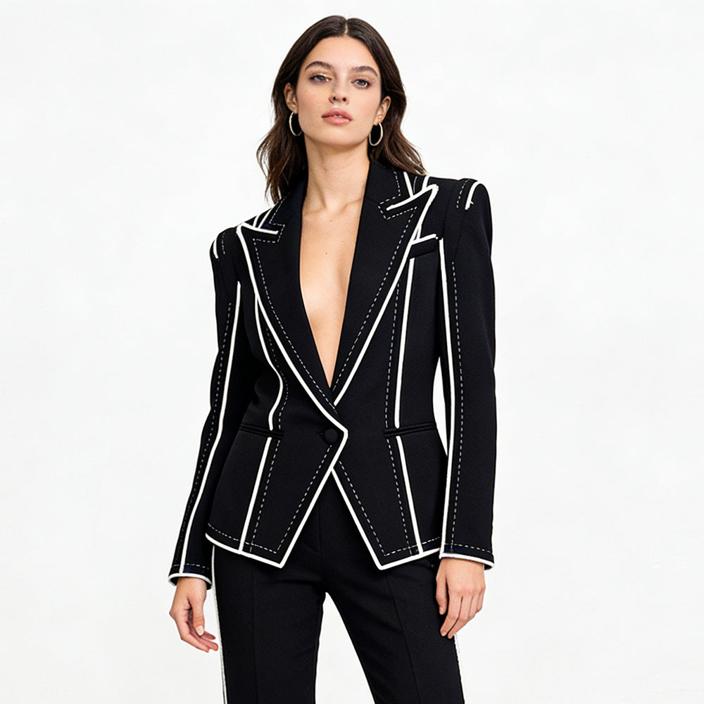 Color Block Trim Tailored Blazer for Meetings Ready and Modern Office Style Women-Vyana Collective