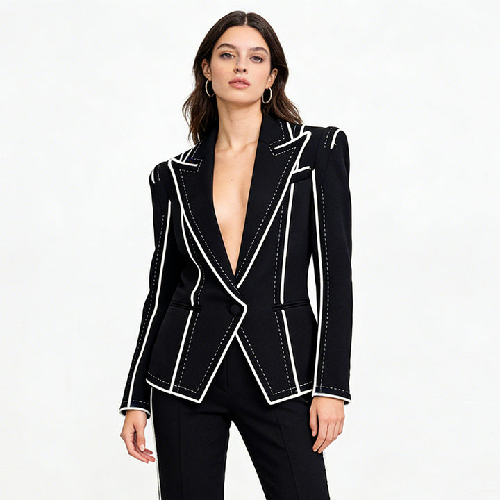 Color Block Trim Tailored Blazer for Meetings Ready and Modern Office Style Women-Vyana Collective