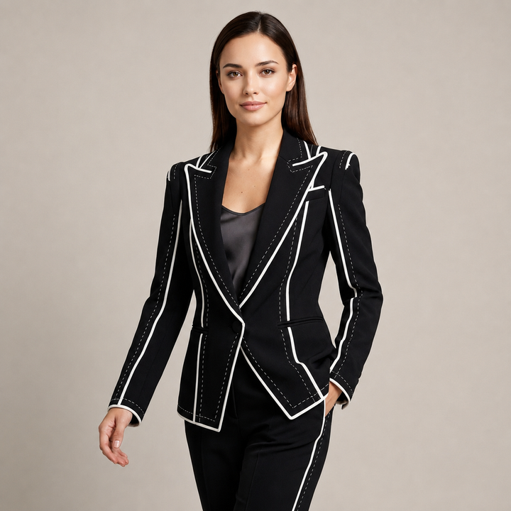 Color Block Trim Tailored Blazer for Meetings Ready and Modern Office Style Women-Vyana Collective