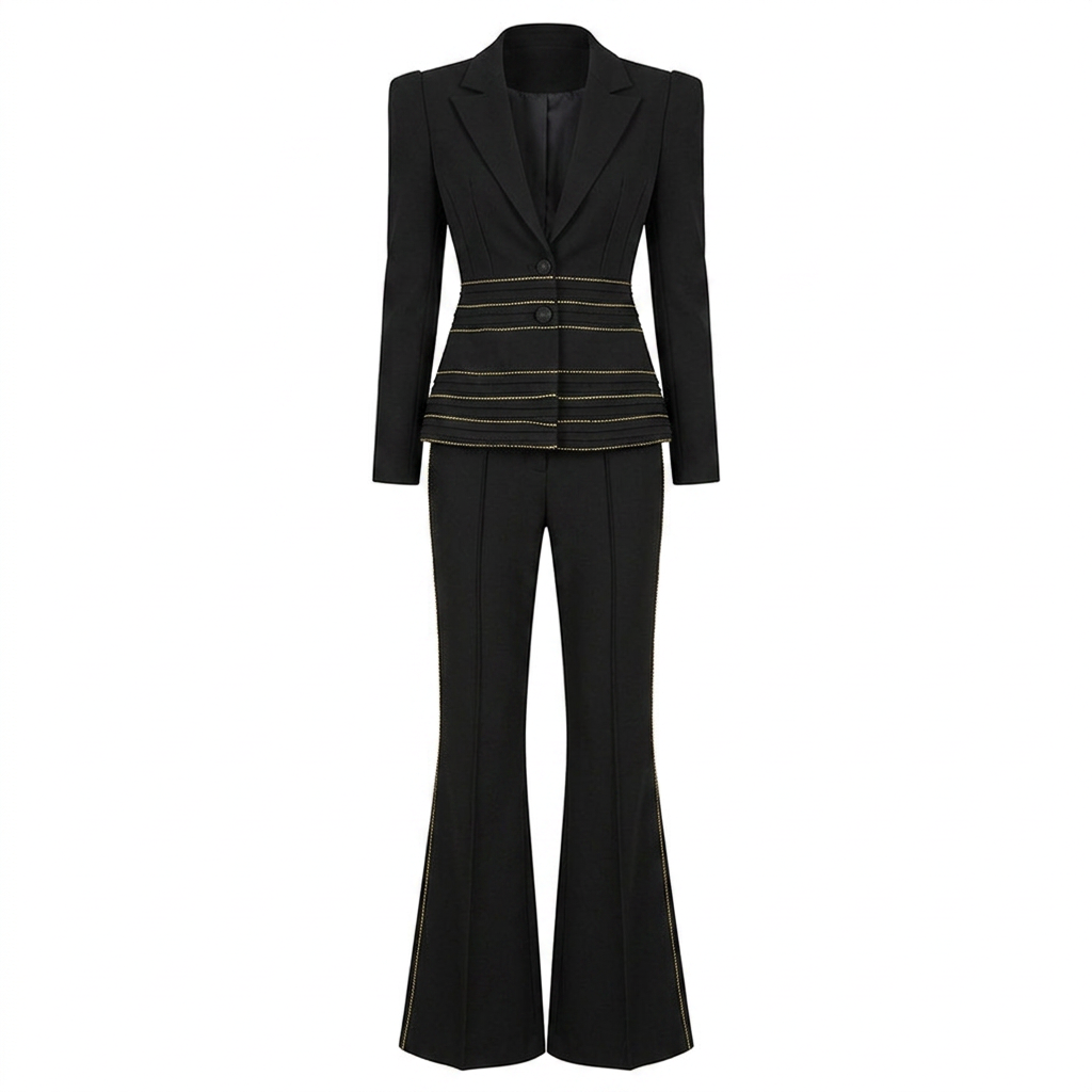 Copper Chain Trim Tailored Blazer and Flared Pants Set for Meetings Ready and Executive Elegance Women-Vyana Collective