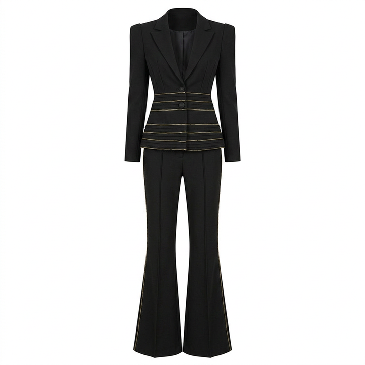 Copper Chain Trim Tailored Blazer and Flared Pants Set for Meetings Ready and Executive Elegance Women-Vyana Collective