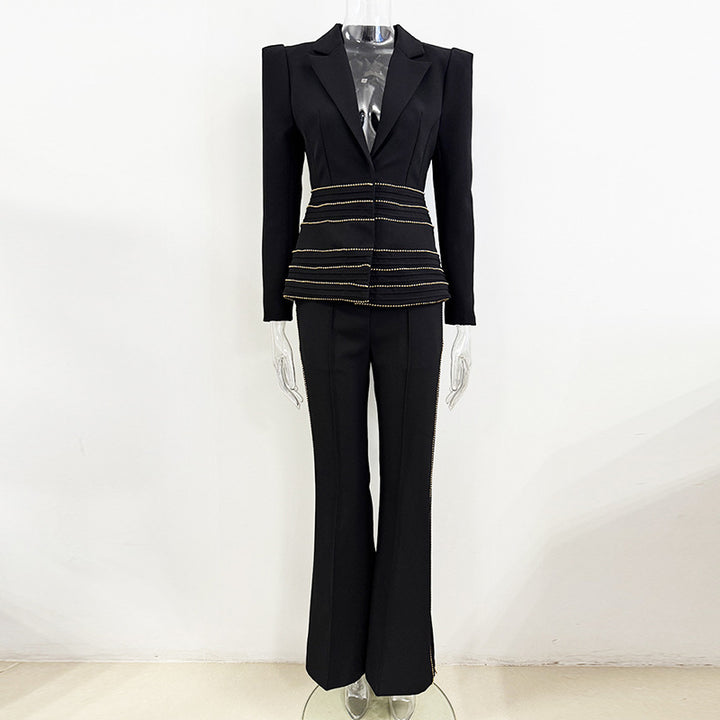 Copper Chain Trim Tailored Blazer and Flared Pants Set for Meetings Ready and Executive Elegance Women-Vyana Collective