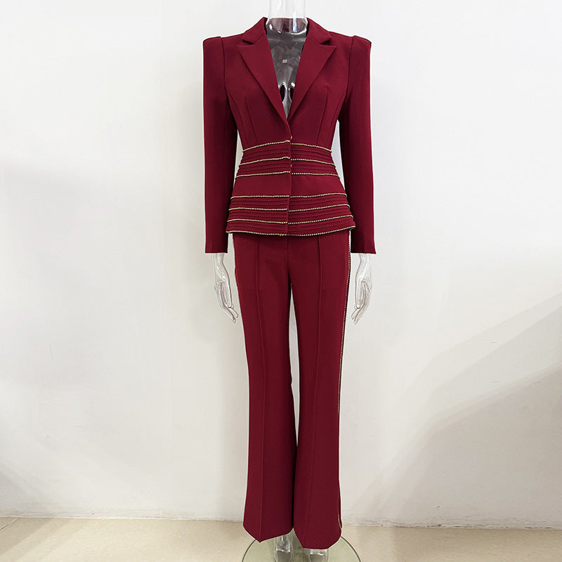 Copper Chain Trim Tailored Blazer and Flared Pants Set for Meetings Ready and Executive Elegance Women-Vyana Collective