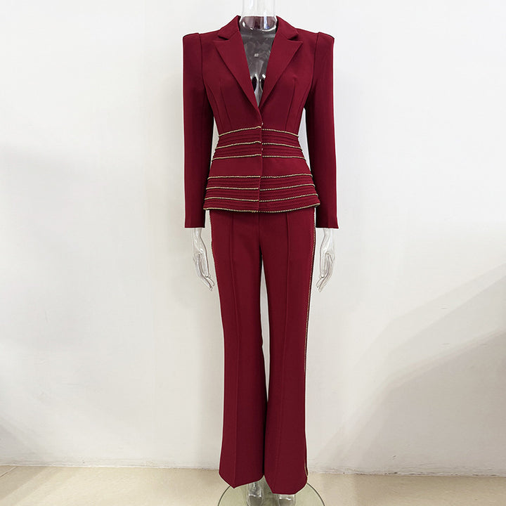 Copper Chain Trim Tailored Blazer and Flared Pants Set for Meetings Ready and Executive Elegance Women-Vyana Collective
