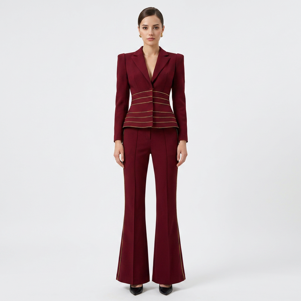 Copper Chain Trim Tailored Blazer and Flared Pants Set for Meetings Ready and Executive Elegance Women-Vyana Collective