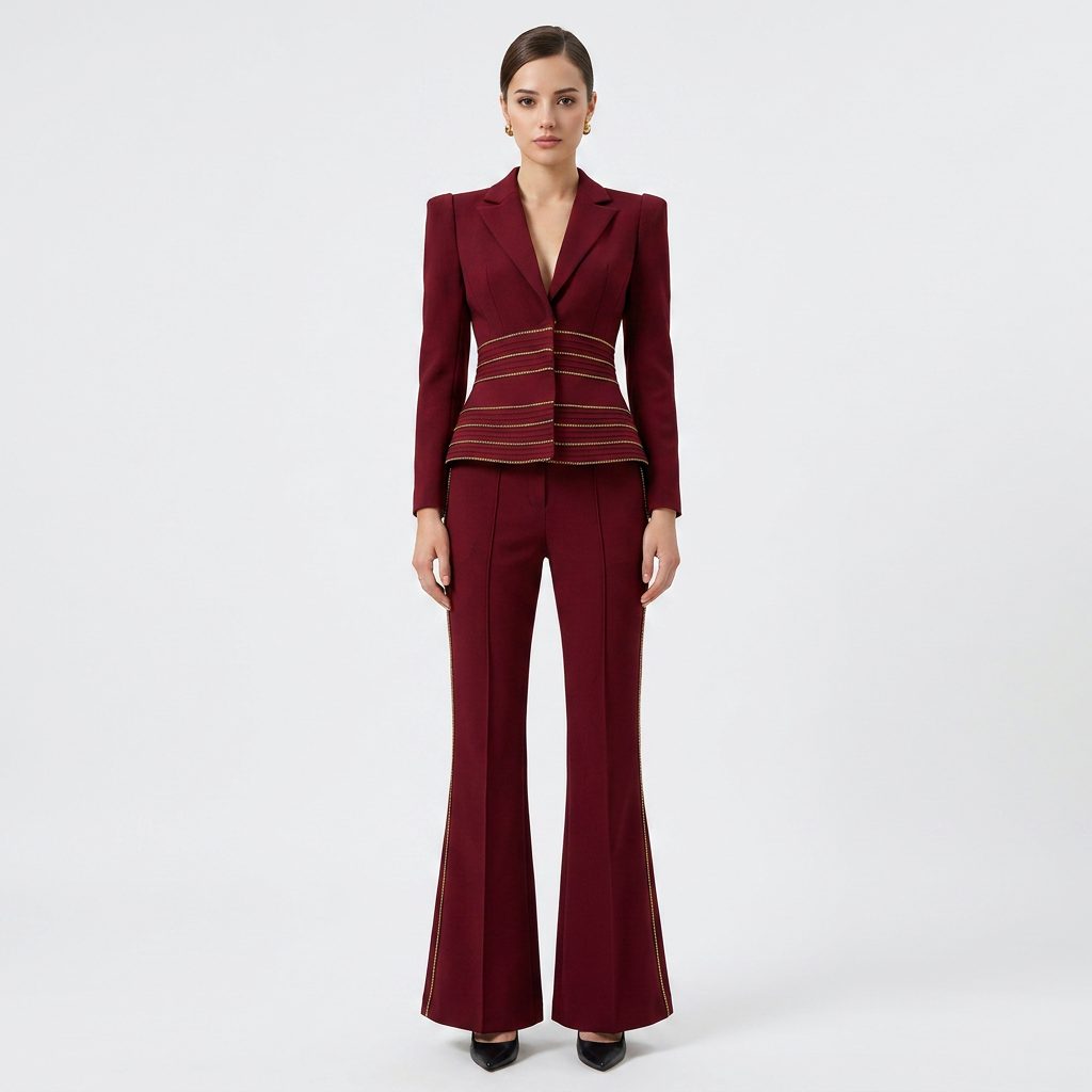 Copper Chain Trim Tailored Blazer and Flared Pants Set for Meetings Ready and Executive Elegance Women-Vyana Collective