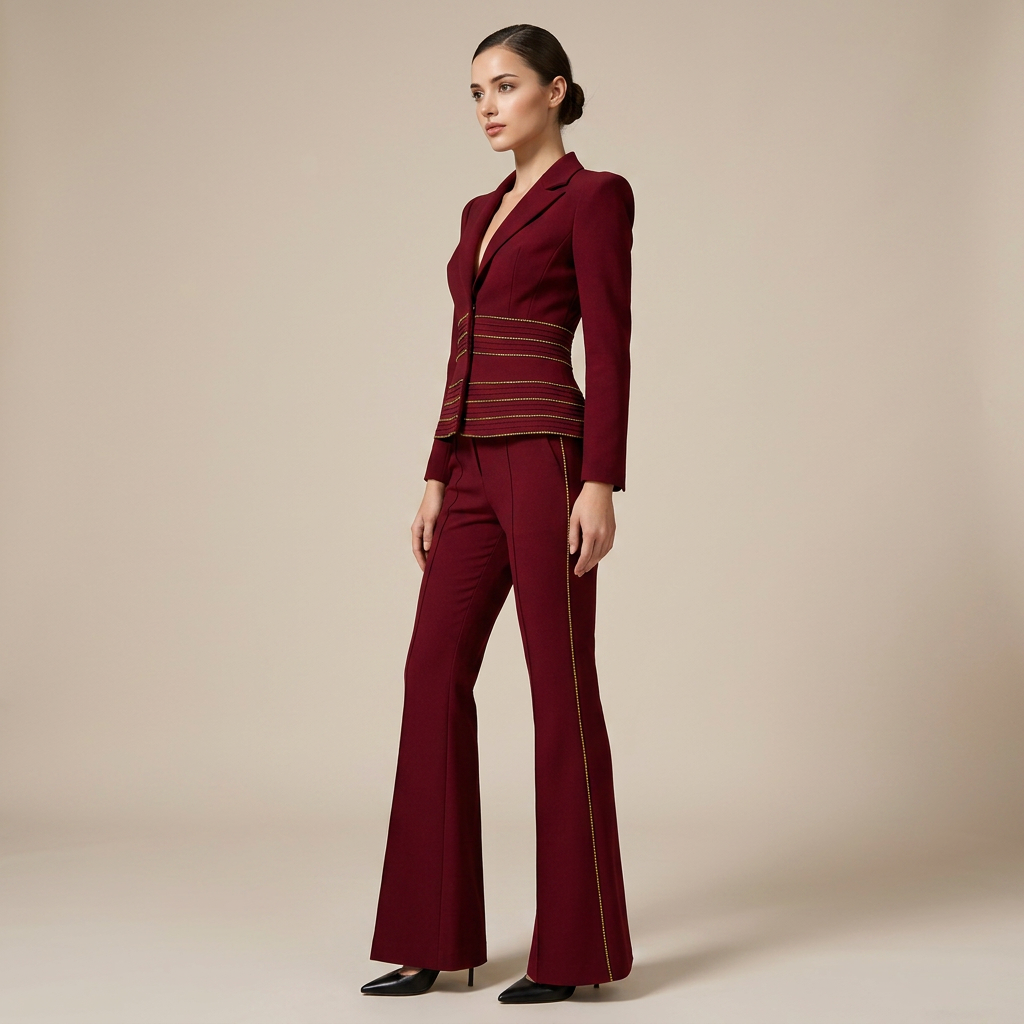 Copper Chain Trim Tailored Blazer and Flared Pants Set for Meetings Ready and Executive Elegance Women-Vyana Collective