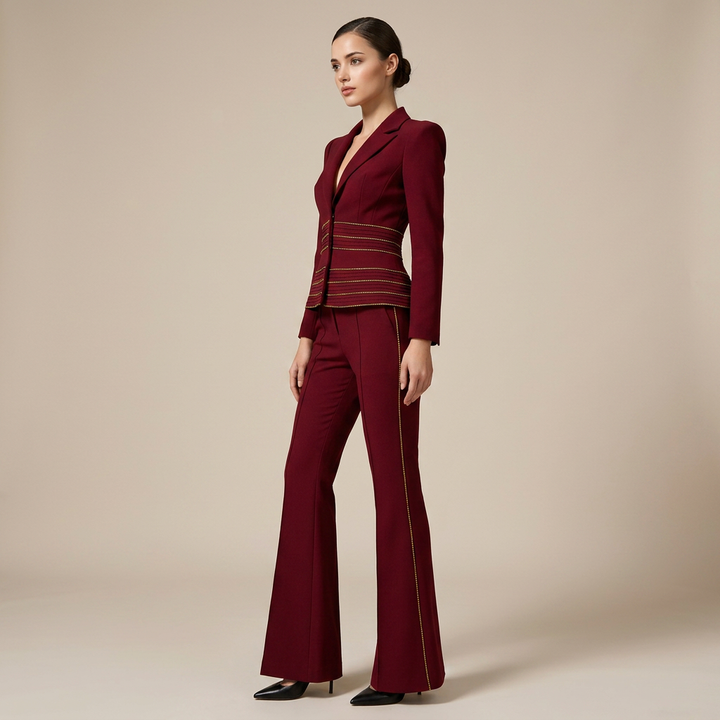 Copper Chain Trim Tailored Blazer and Flared Pants Set for Meetings Ready and Executive Elegance Women-Vyana Collective