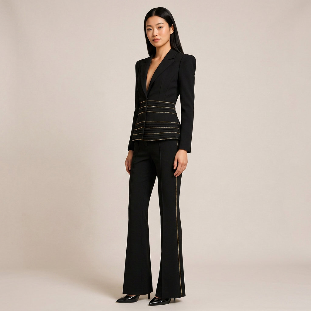 Copper Chain Trim Tailored Blazer and Flared Pants Set for Meetings Ready and Executive Elegance Women-Vyana Collective
