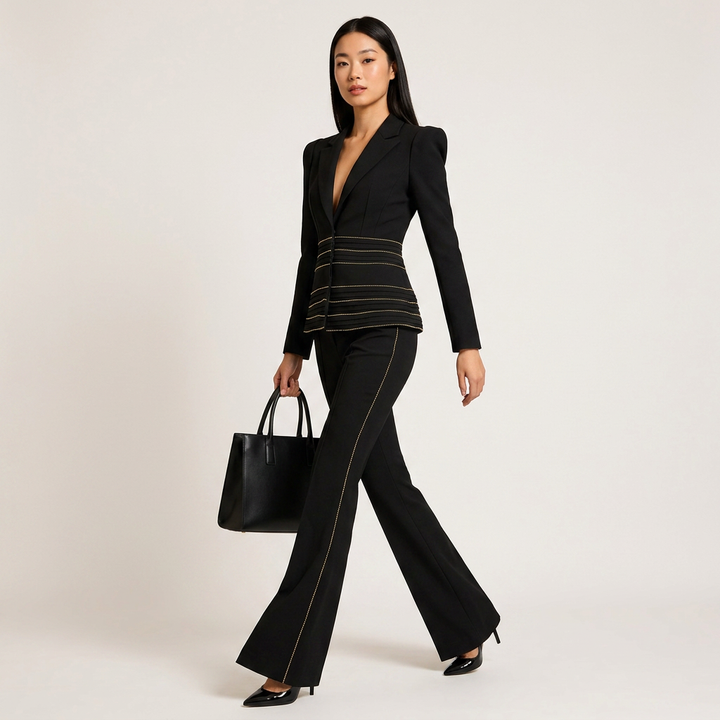 Copper Chain Trim Tailored Blazer and Flared Pants Set for Meetings Ready and Executive Elegance Women-Vyana Collective