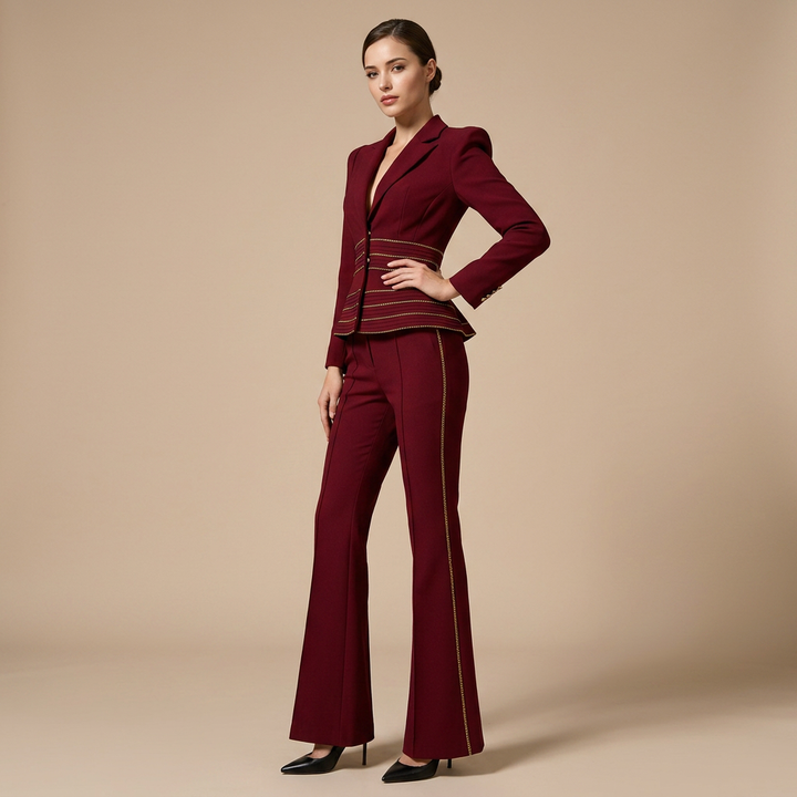 Copper Chain Trim Tailored Blazer and Flared Pants Set for Meetings Ready and Executive Elegance Women-Vyana Collective