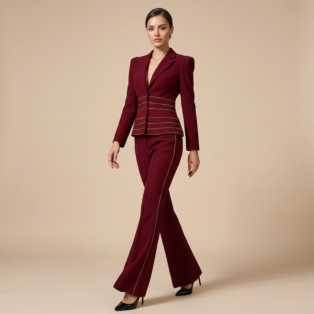 Copper Chain Trim Tailored Blazer and Flared Pants Set for Meetings Ready and Executive Elegance Women-Vyana Collective