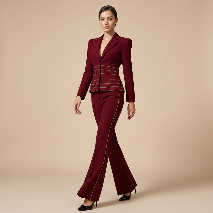 Copper Chain Trim Tailored Blazer and Flared Pants Set for Meetings Ready and Executive Elegance Women-Vyana Collective