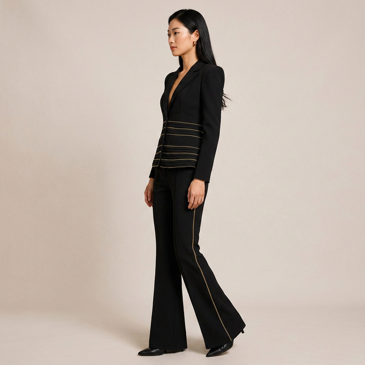 Copper Chain Trim Tailored Blazer and Flared Pants Set for Meetings Ready and Executive Elegance Women-Vyana Collective