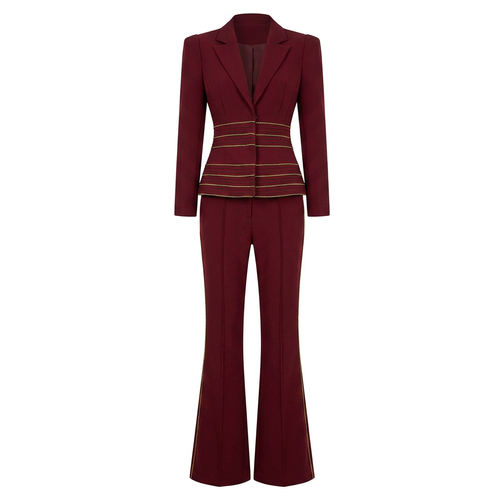 Copper Chain Trim Tailored Blazer and Flared Pants Set for Meetings Ready and Executive Elegance Women-Vyana Collective