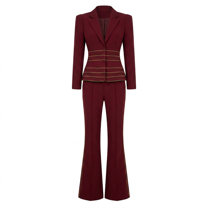 Copper Chain Trim Tailored Blazer and Flared Pants Set for Meetings Ready and Executive Elegance Women-Vyana Collective