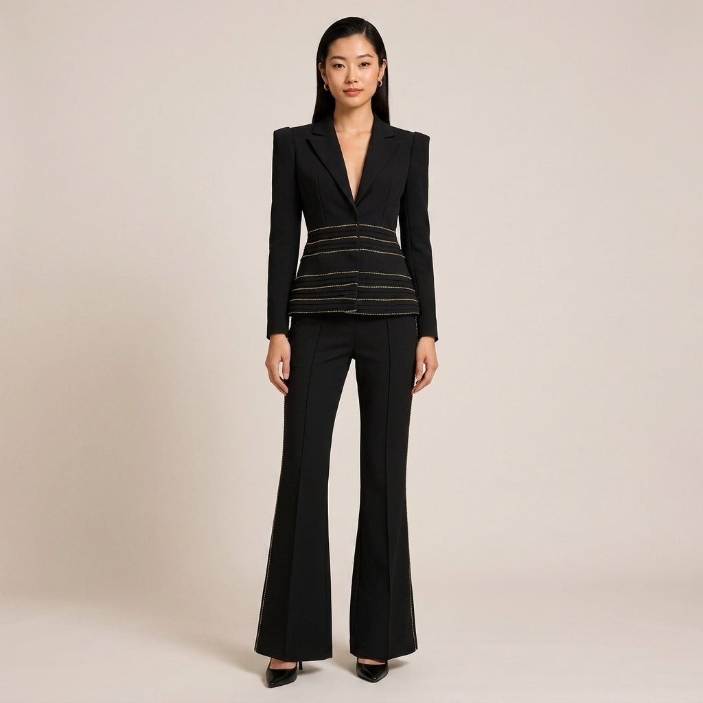 Copper Chain Trim Tailored Blazer and Flared Pants Set for Meetings Ready and Executive Elegance Women-Vyana Collective