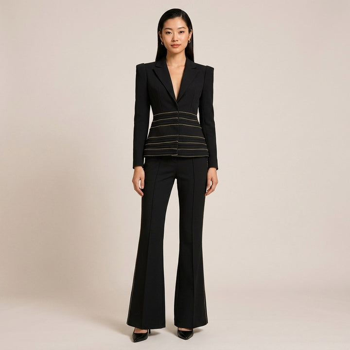 Copper Chain Trim Tailored Blazer and Flared Pants Set for Meetings Ready and Executive Elegance Women-Vyana Collective