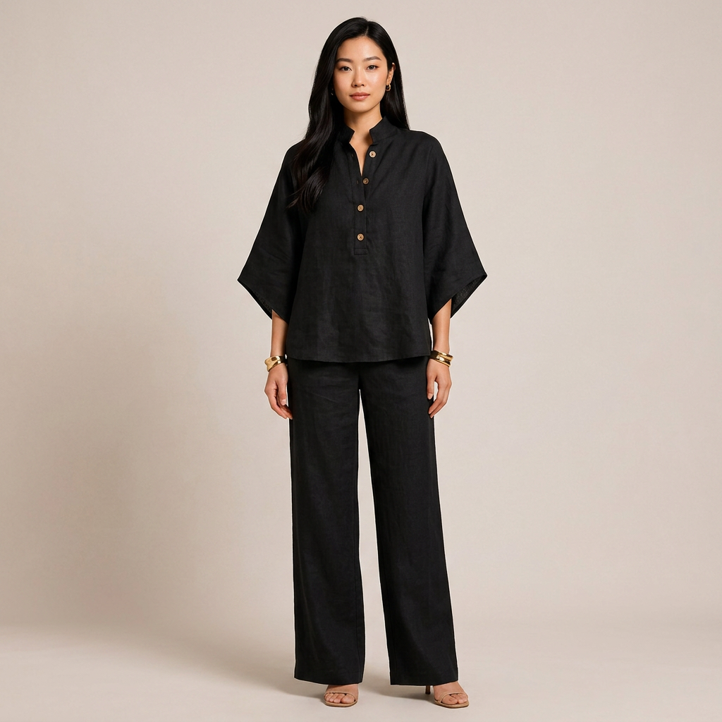 Cotton Linen Button Neck Top and Wide Leg Pants Set for Vacation Getaways and Effortless Comfort Women-Vyana Collective