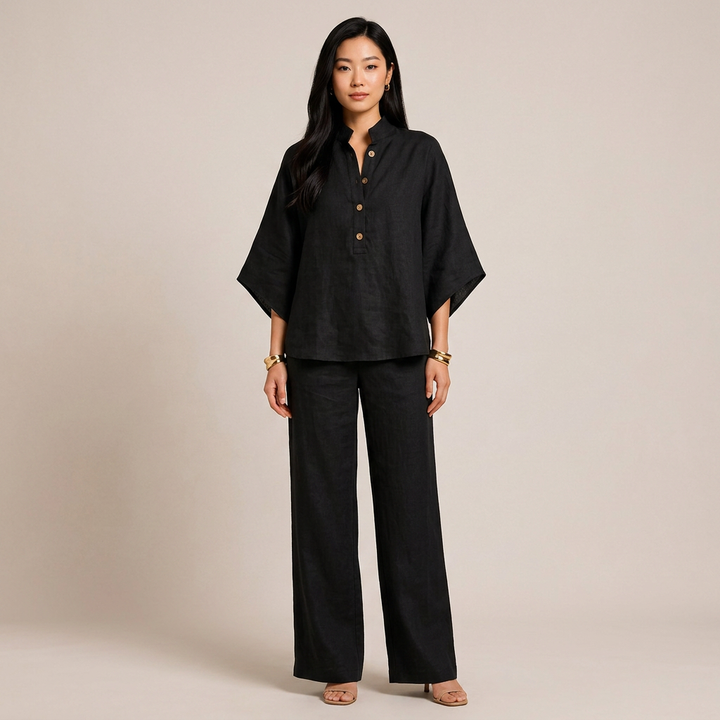 Cotton Linen Button Neck Top and Wide Leg Pants Set for Vacation Getaways and Effortless Comfort Women-Vyana Collective