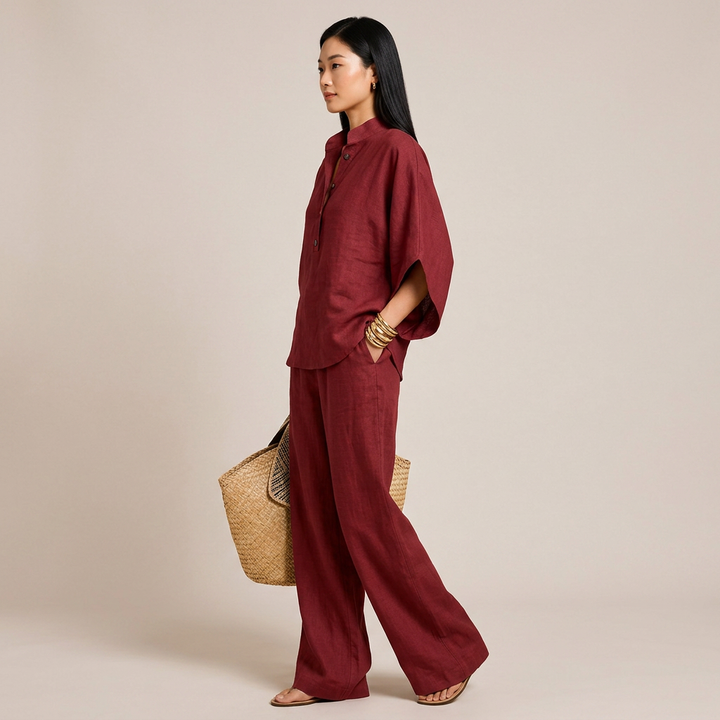 Cotton Linen Button Neck Top and Wide Leg Pants Set for Vacation Getaways and Effortless Comfort Women-Vyana Collective