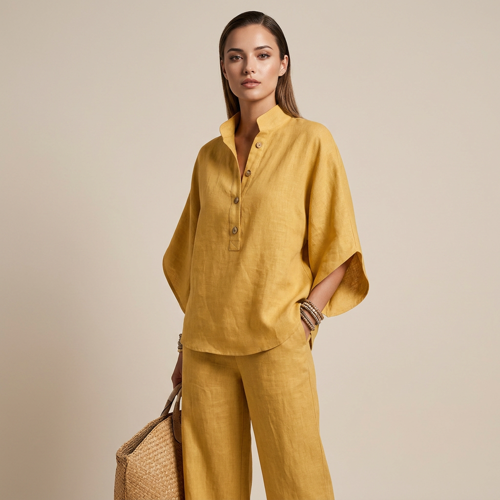 Cotton Linen Button Neck Top and Wide Leg Pants Set for Vacation Getaways and Effortless Comfort Women-Vyana Collective