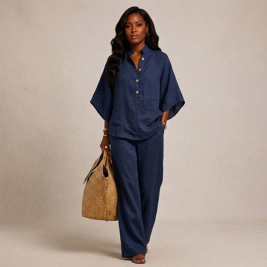 Cotton Linen Button Neck Top and Wide Leg Pants Set for Vacation Getaways and Effortless Comfort Women-Vyana Collective