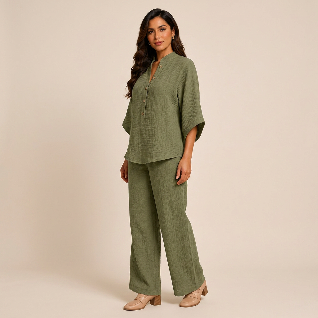 Cotton Linen Button Neck Top and Wide Leg Pants Set for Vacation Getaways and Effortless Comfort Women-Vyana Collective