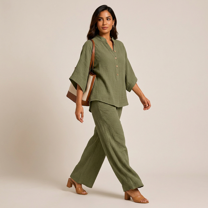 Cotton Linen Button Neck Top and Wide Leg Pants Set for Vacation Getaways and Effortless Comfort Women-Vyana Collective