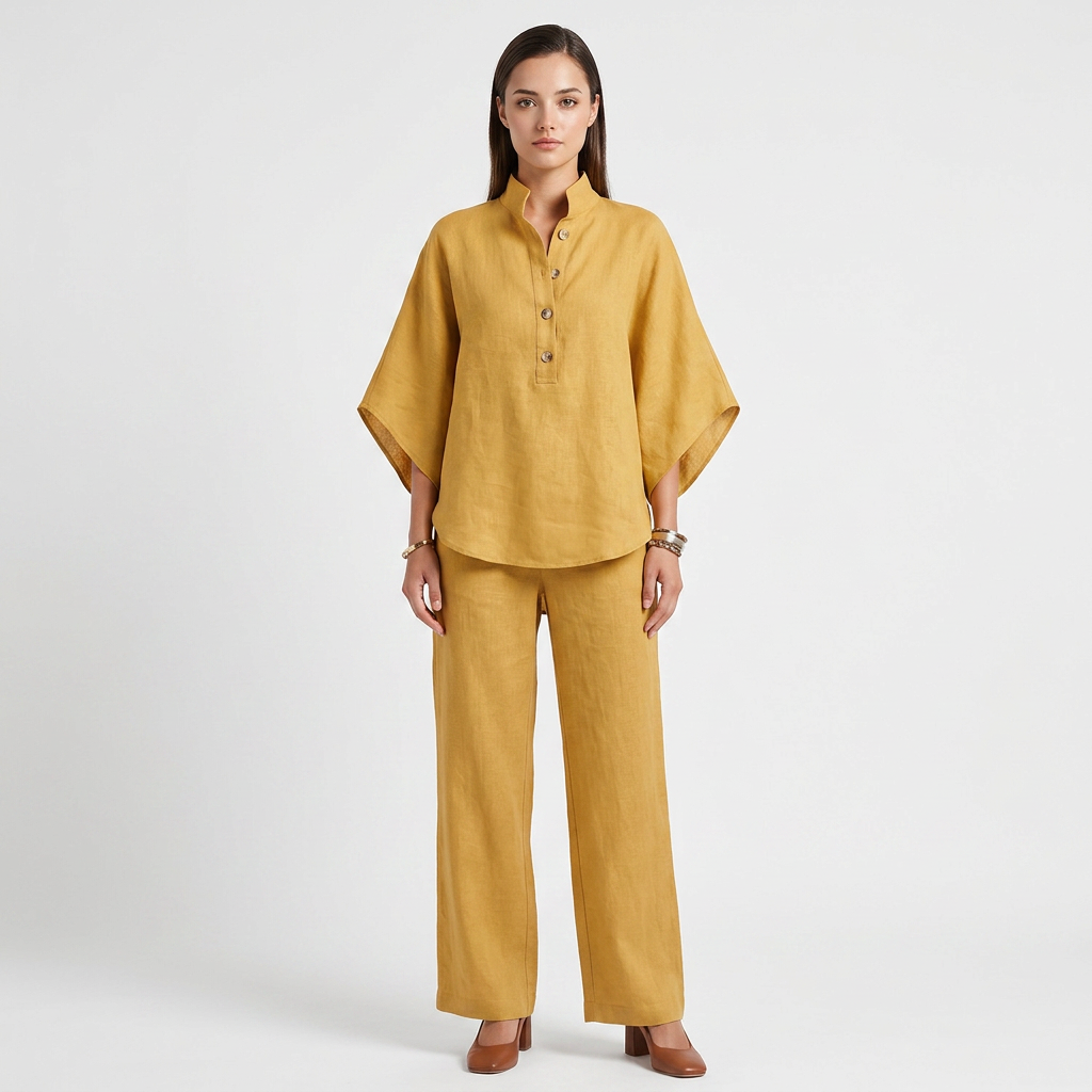Cotton Linen Button Neck Top and Wide Leg Pants Set for Vacation Getaways and Effortless Comfort Women-Vyana Collective