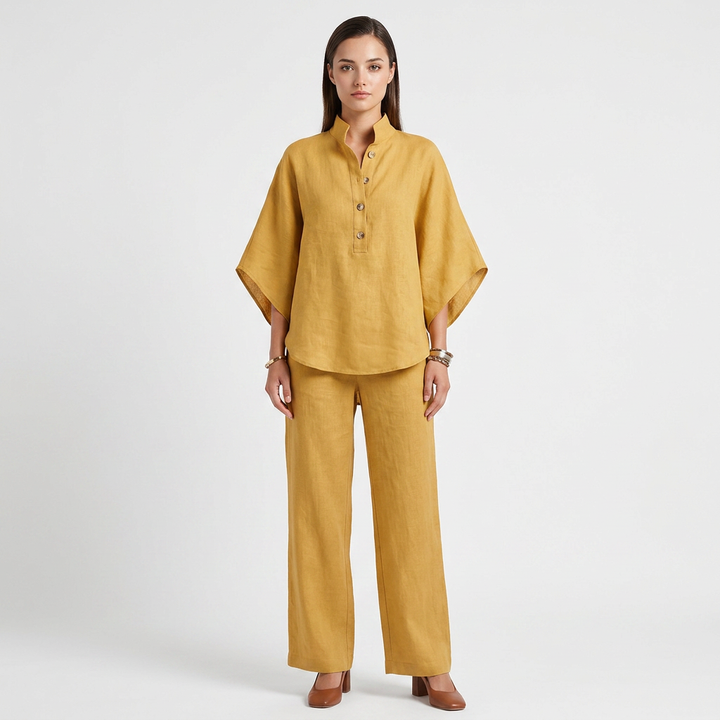 Cotton Linen Button Neck Top and Wide Leg Pants Set for Vacation Getaways and Effortless Comfort Women-Vyana Collective