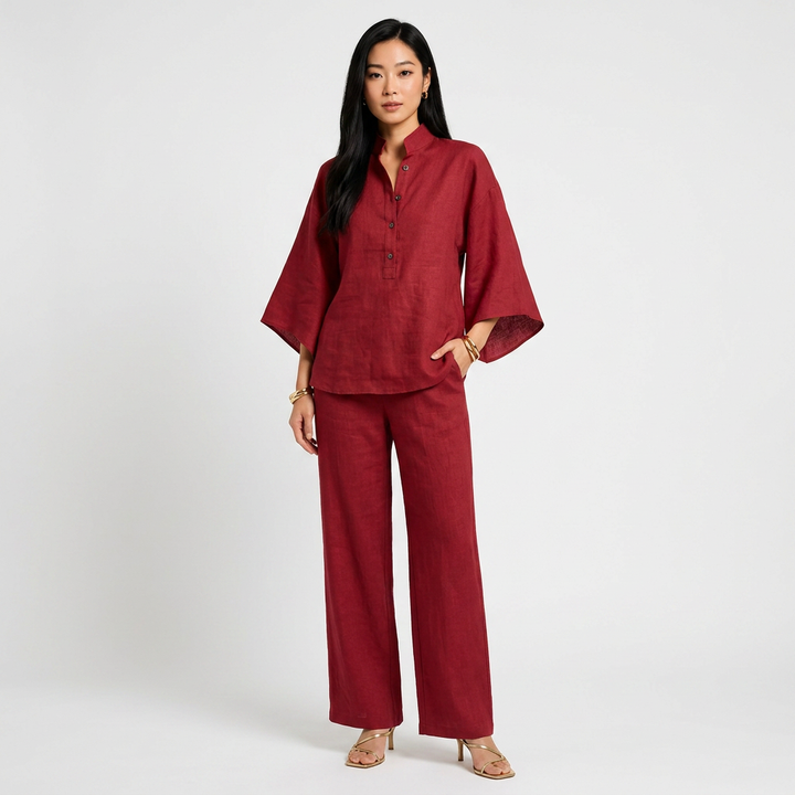 Cotton Linen Button Neck Top and Wide Leg Pants Set for Vacation Getaways and Effortless Comfort Women-Vyana Collective