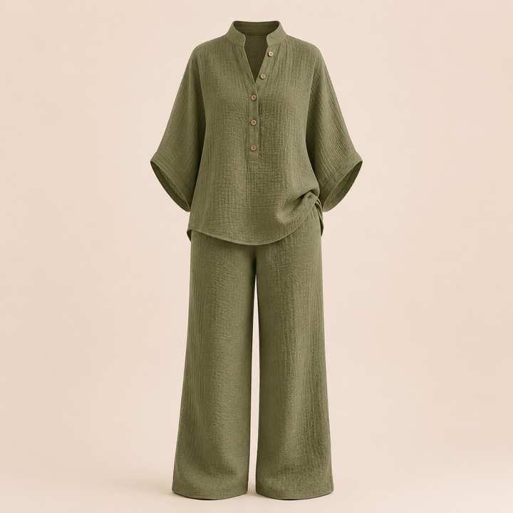 Cotton Linen Button Neck Top and Wide Leg Pants Set for Vacation Getaways and Effortless Comfort Women-Vyana Collective