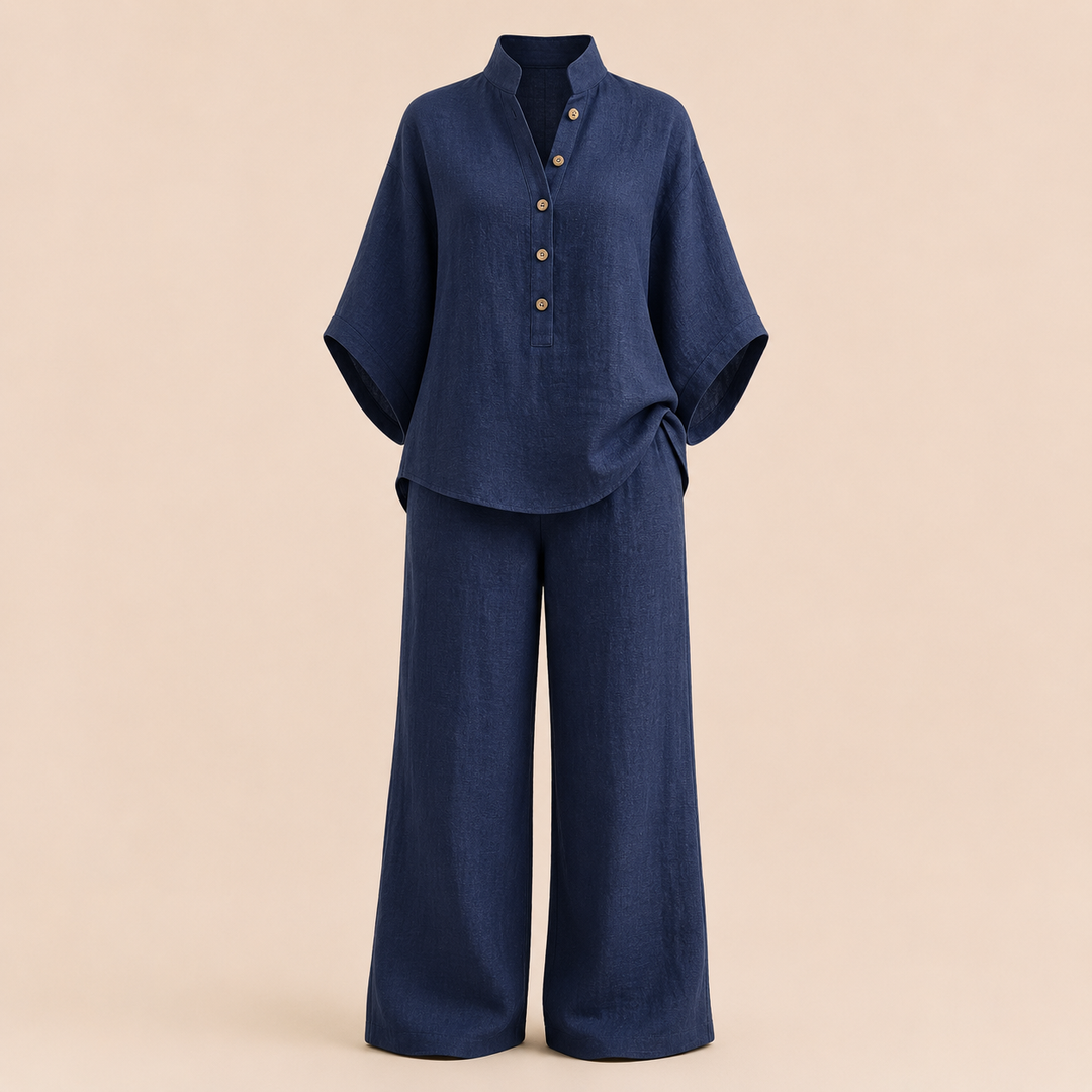 Cotton Linen Button Neck Top and Wide Leg Pants Set for Vacation Getaways and Effortless Comfort Women-Vyana Collective
