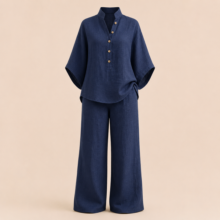 Cotton Linen Button Neck Top and Wide Leg Pants Set for Vacation Getaways and Effortless Comfort Women-Vyana Collective