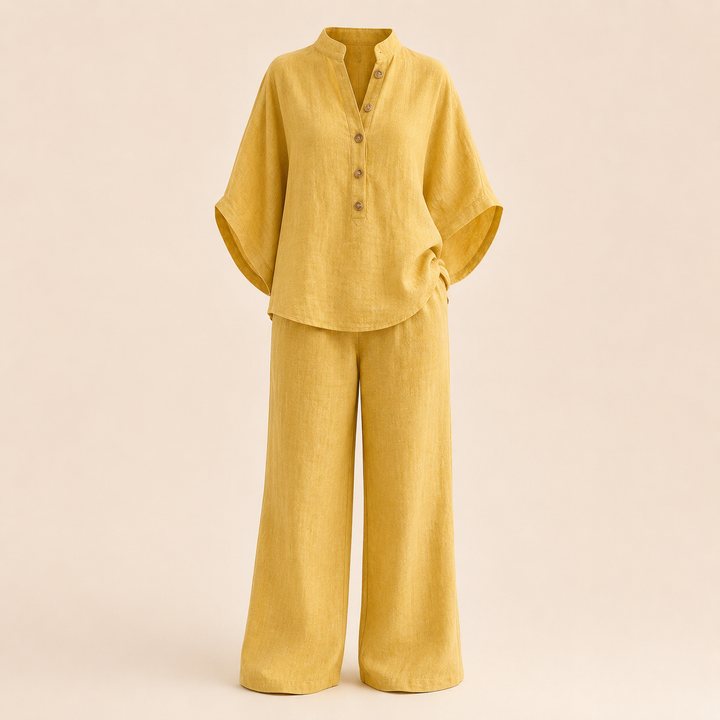 Cotton Linen Button Neck Top and Wide Leg Pants Set for Vacation Getaways and Effortless Comfort Women-Vyana Collective