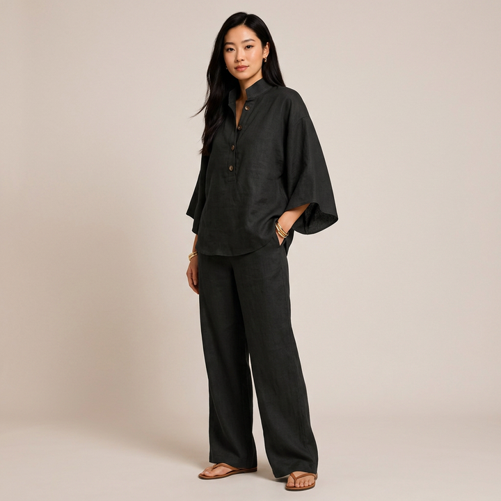 Cotton Linen Button Neck Top and Wide Leg Pants Set for Vacation Getaways and Effortless Comfort Women-Vyana Collective