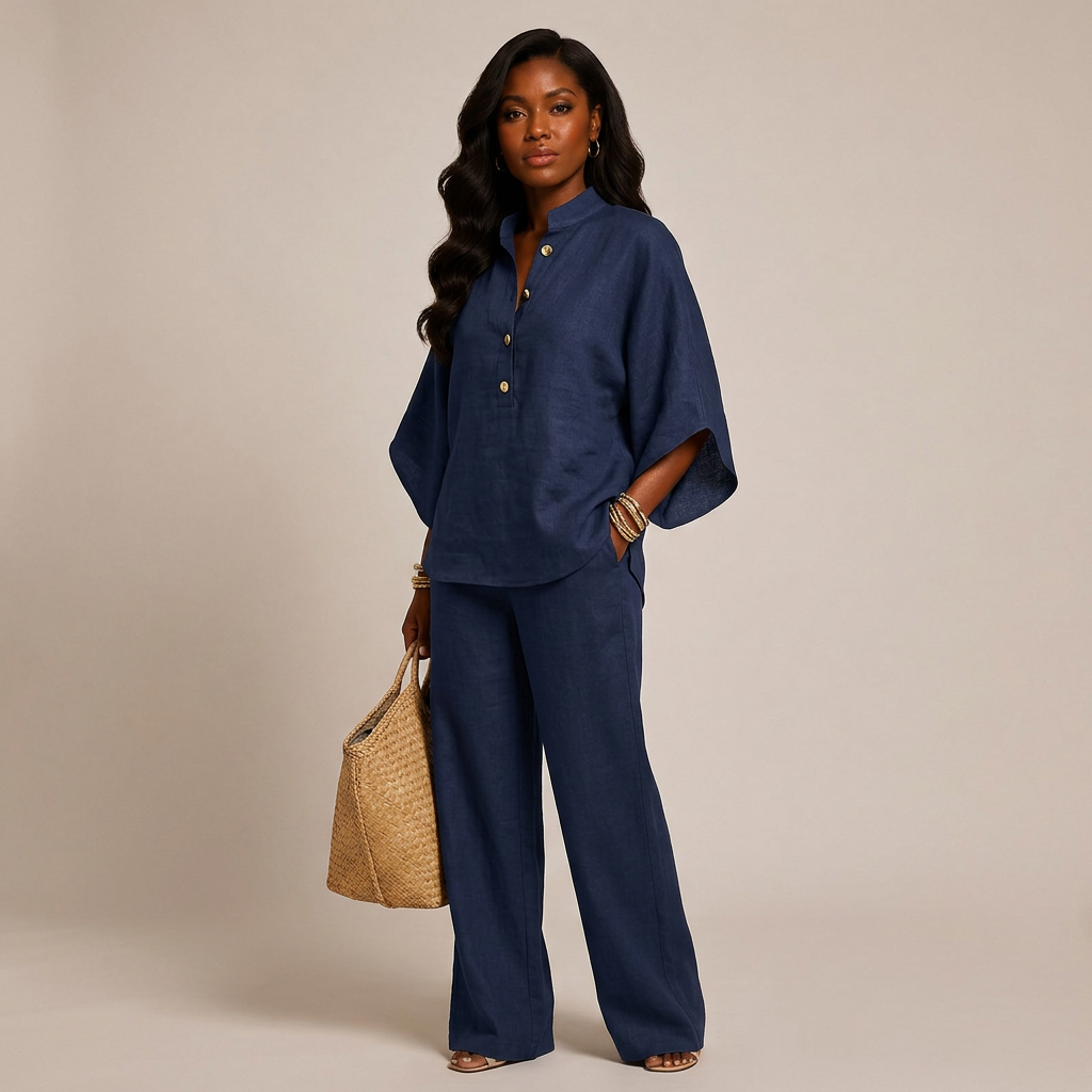 Cotton Linen Button Neck Top and Wide Leg Pants Set for Vacation Getaways and Effortless Comfort Women-Vyana Collective