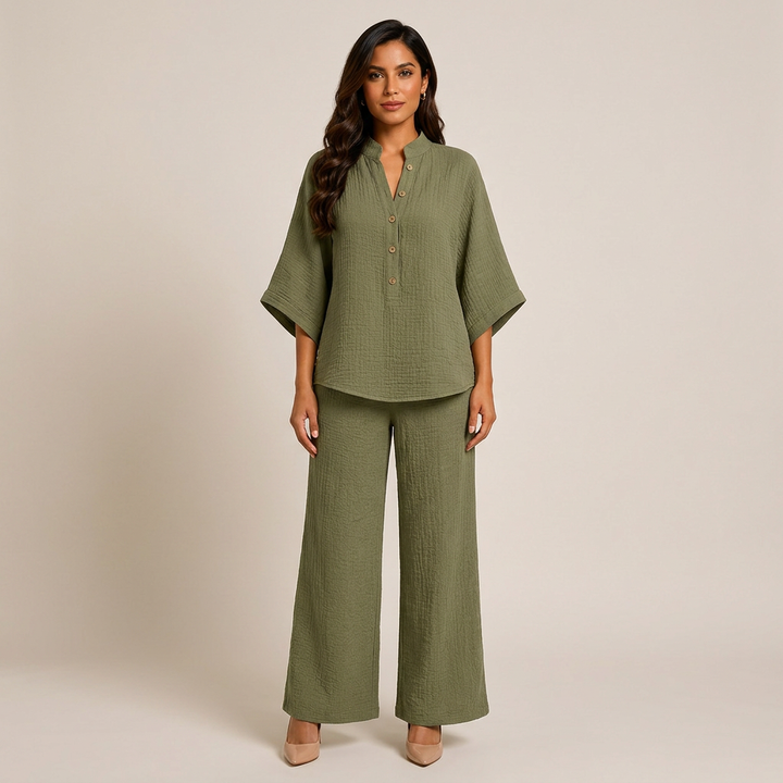 Cotton Linen Button Neck Top and Wide Leg Pants Set for Vacation Getaways and Effortless Comfort Women-Vyana Collective