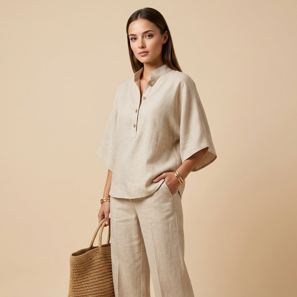 Cotton Linen Button Neck Top and Wide Leg Pants Set for Vacation Getaways and Effortless Comfort Women-Vyana Collective